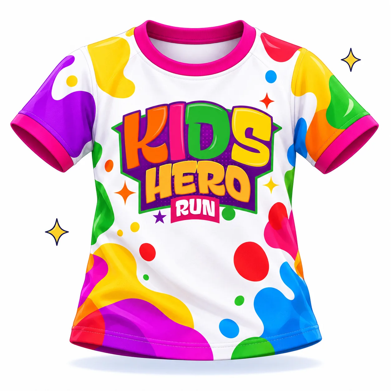 Camiseta oficial blanca de Kids Hero Run con manchas de pintura de colores y el logo en el pecho.