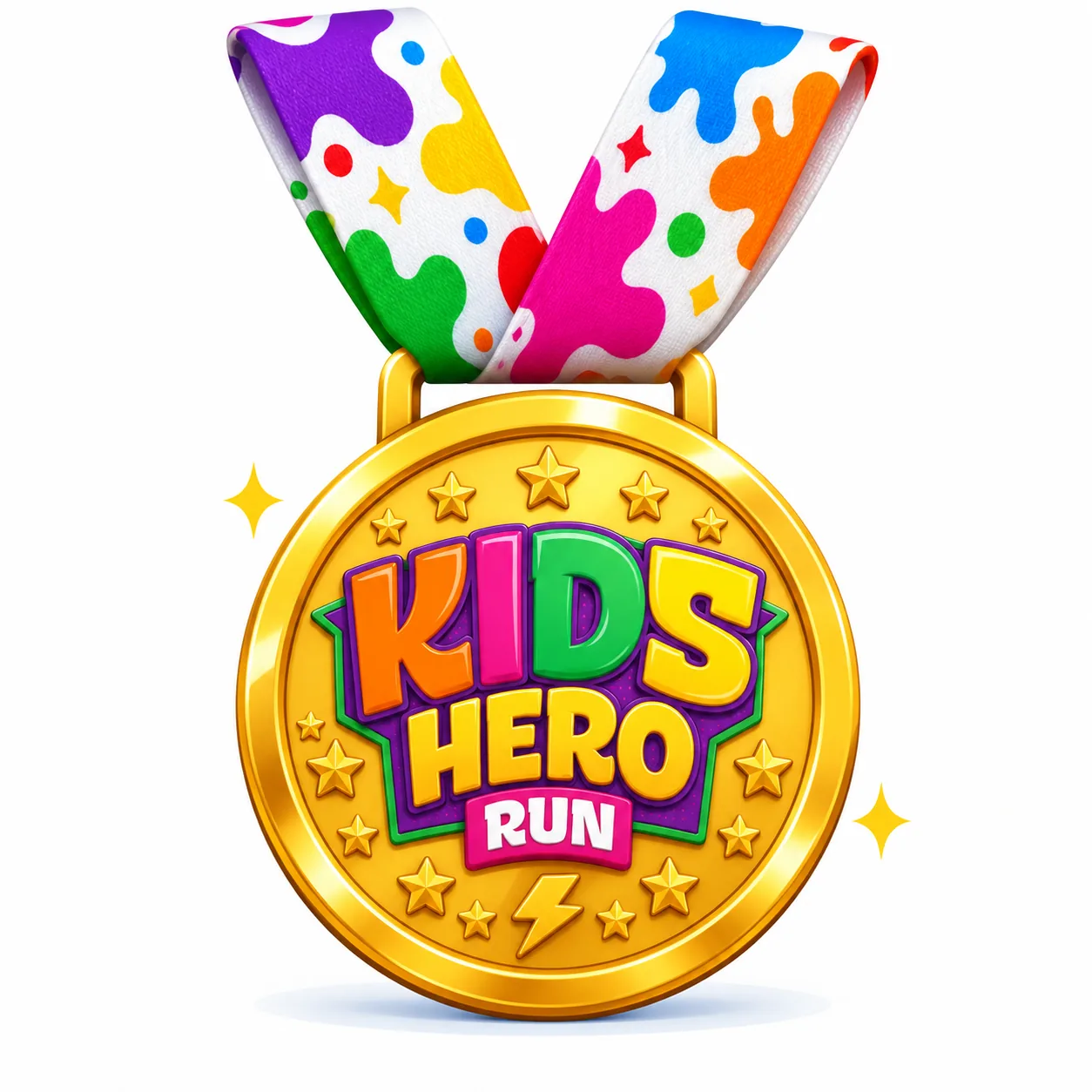 Medalla dorada de Kids Hero Run con el logo al centro, estrellas y cinta blanca con manchas de colores.