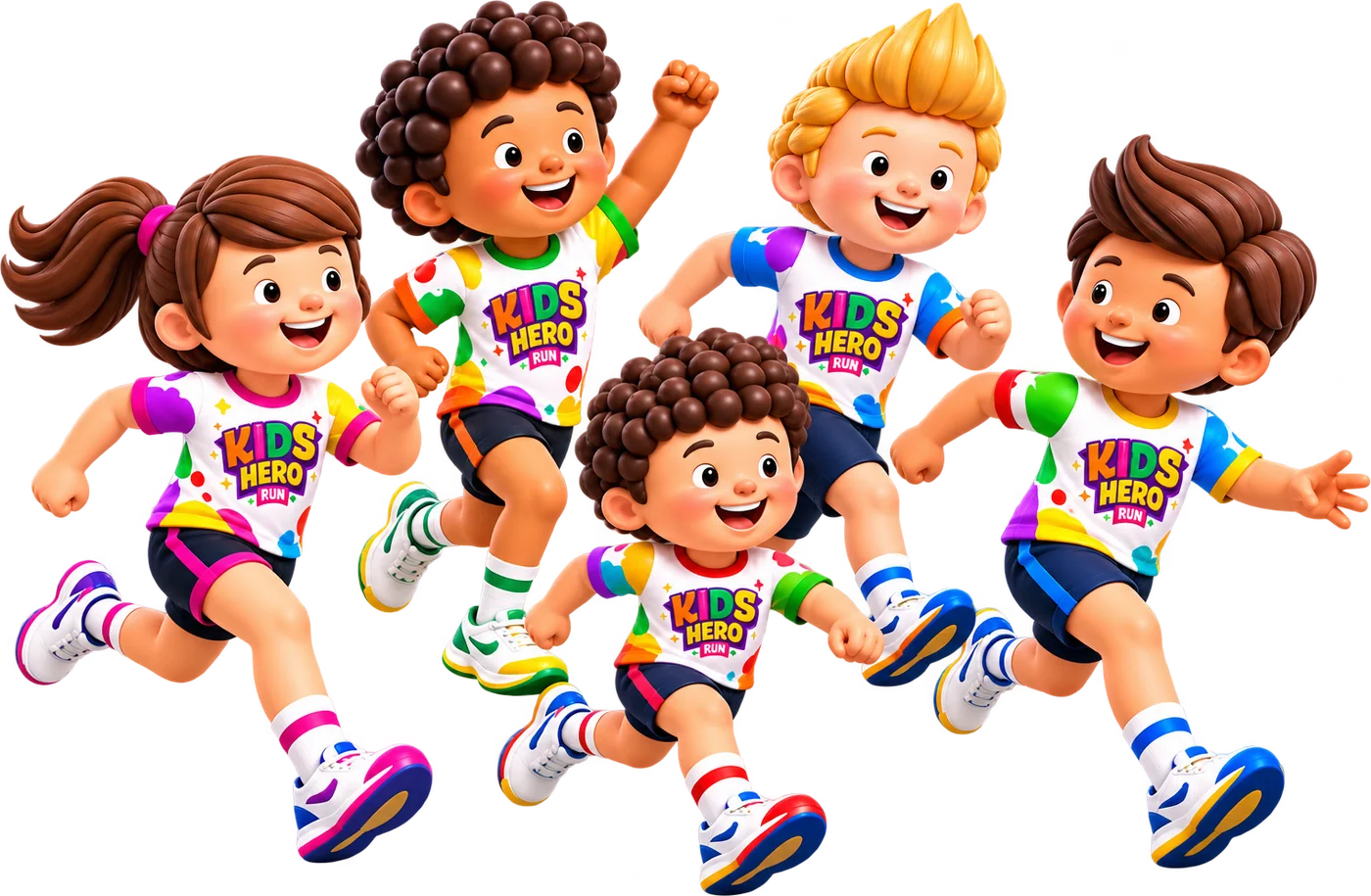 Cinco niñas y niños corren sonrientes con la camisa oficial de Kids Hero Run.